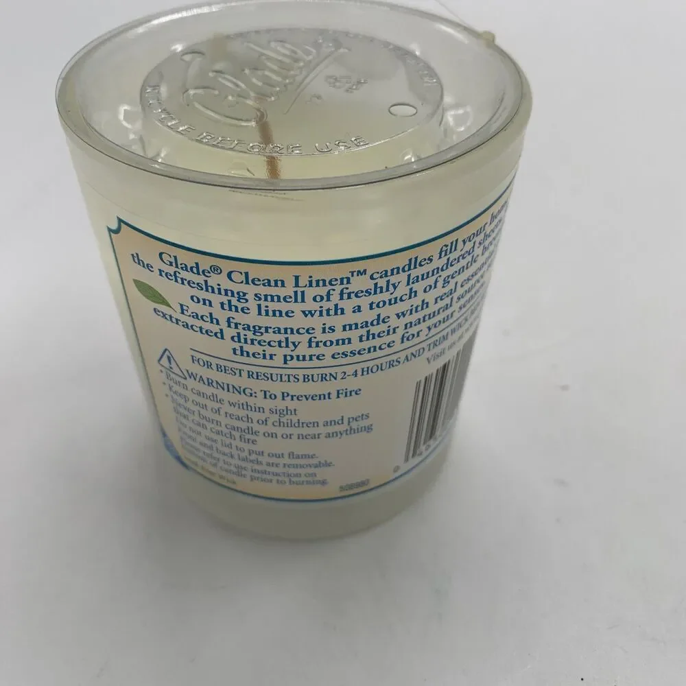 (1) Glade CLEAN LINEN GLASS JAR CANDLES 4 Oz. Each Candle From Year 2005